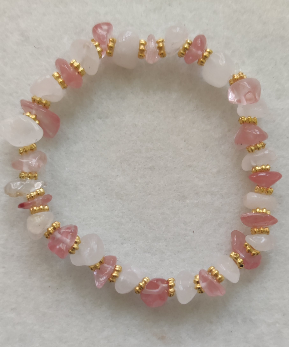 Bracelet en pierre semi précieuse quartz rose et quartz cerise